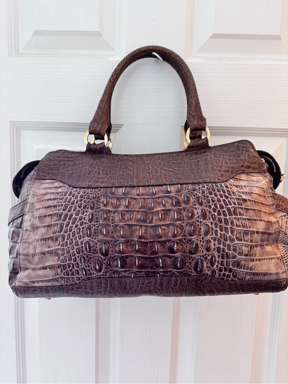 Brahmin Taupe Croc-Embossed Satchel with Gold Hardware